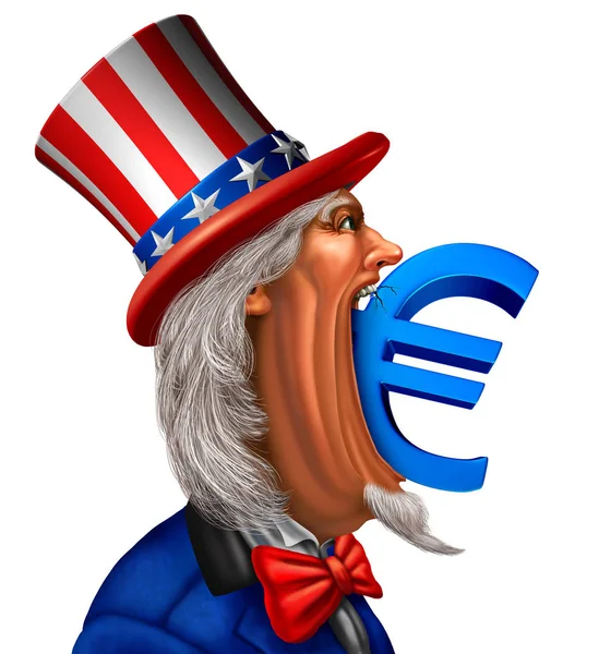 American European Economic Concept Uncle Sam Biting Euro Currency Symbol — Stock Photo, Image