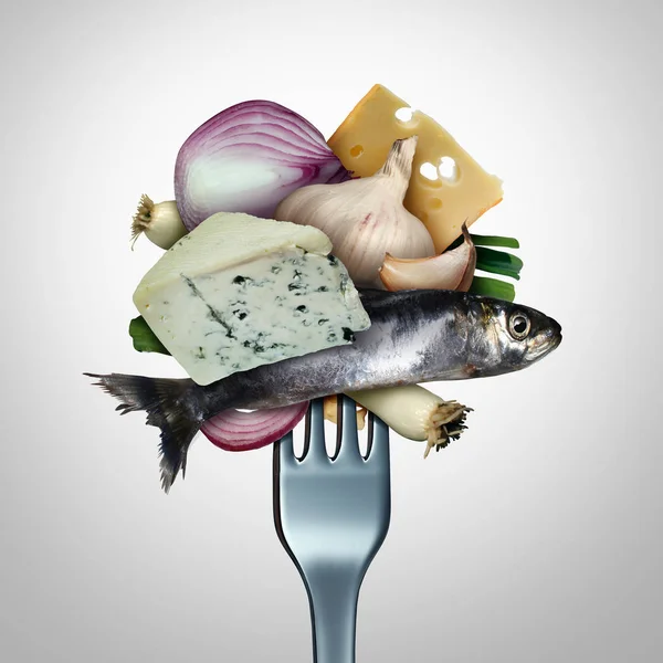 有臭味的食物和吃臭辛辣成分作为大蒜洋葱鱼和奶酪在叉子与3D 插图元素 — 图库照片