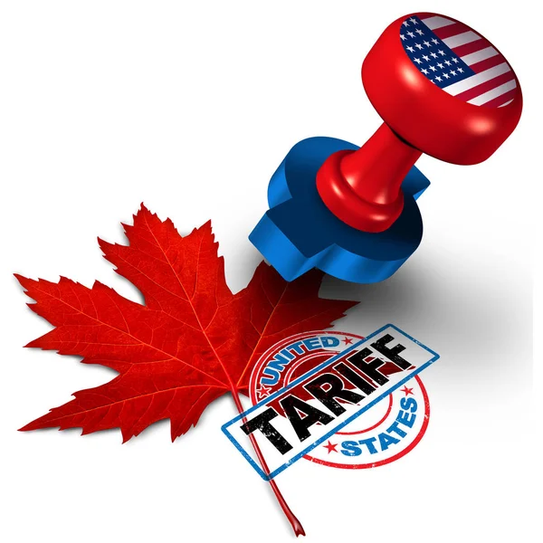 加拿大美国关税加拿大钢铁和铝关税作为一张枫树叶的邮票作为经济贸易税北美自由贸易区关于进出口概念的争议3D 插图元素 — 图库照片