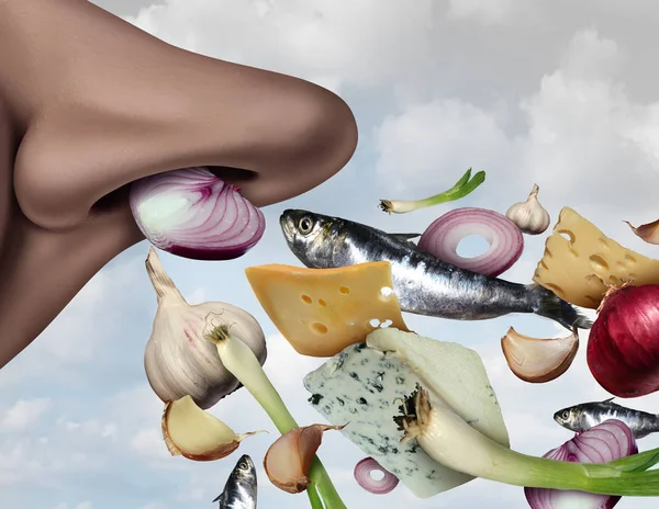 臭味和臭食品的概念作为浓郁的气味成分作为大蒜洋葱鱼和奶酪与鼻子呼吸在刺鼻的香气在3D 插画风格 — 图库照片