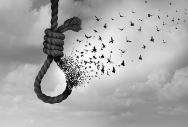 Psychology of suicide and suicidal severe depression therapy as a mental illness health concept as a noose transforming to hope as a surreal idea of psychiatry in a 3D illustration style. clipart