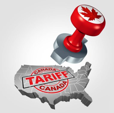 Canadian tariffs on the United States as steel and aluminum tariff stamp as an economic trade taxation NAFTA dispute over import and exports concept with 3D illustration elements. clipart