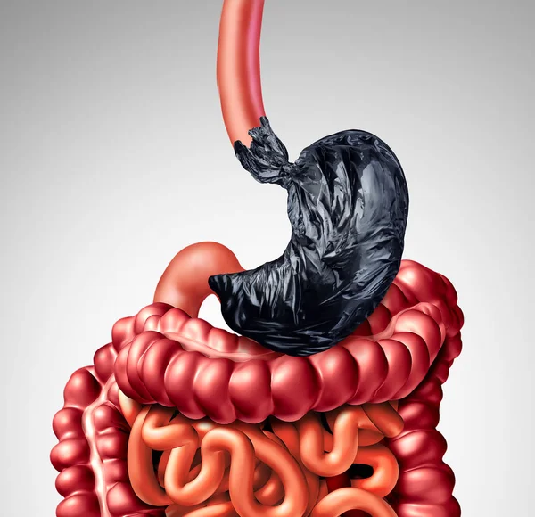 人消化问题作为胃被塑造作为一个垃圾袋以肠道器官作为一个标志为消化不良痛苦在消化系统作为医学例证 — 图库照片