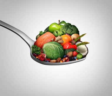 Supplements vitamins as a spoon with fruit vegetables nuts and beans as a natural medicine health food treatment with 3D illustration elements. clipart
