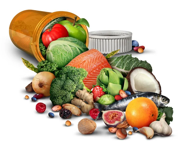 天然药物补充维生素药物作为一个药丸瓶与水果蔬菜坚果和豆类内营养产品作为一种天然养分处理与3D 插图元素 — 图库照片