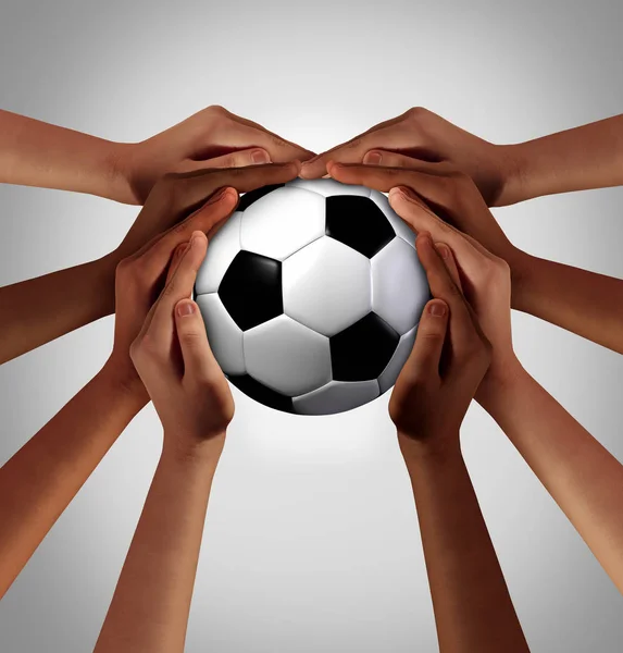 人们在一起踢球作为一个不同的小组球员作为体育多样性的标志在国际比赛以手举行球作为世界体育比赛与3D 例证元素 — 图库照片