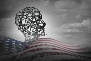 American illegal immigration and United States border security law as a social issue with a refugee or displaced person shaped as barbed wire with US flag with 3D render elements. clipart