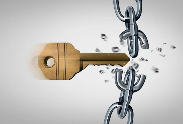 打破链和解锁概念作为一个关键的打破金属链接作为一个安全和业务成功图标作为一个3D — 图库照片