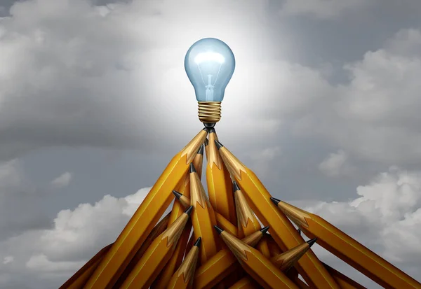 Creative peak and creativity height of success concept as a group of pencils shaped as a high mountain with a glowing light bulb on top as a 3D render.