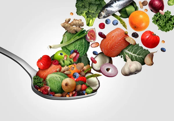 健康食品吃 这是好的心脏作为水果蔬菜鱼和浆果与营养坚果在勺子 以良好的心脏健康成分与3D 渲染元素 — 图库照片