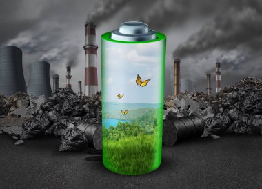 Electric battery concept and electrical energy rechargeable power source as a green fuel helping the environment from old dirty polluting industry with 3d rendering elements. clipart