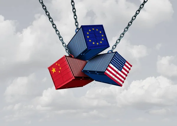 イラストレーションとして競合している貨物コンテナーを経済問題として紛争中国ヨーロッパ米国貿易戦争ビジネスの比喩と中国ヨーロッパおよびアメリカの関税 — ストック写真