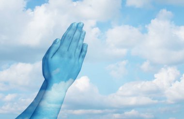 Praying and spiritual life concept as hands in worship on a sky background as a symbol for belief and spirituality in religion. clipart