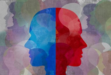 Schizophrenia and split personality disorder and mental health psychiatric disease concept in a 3d illustration style. clipart