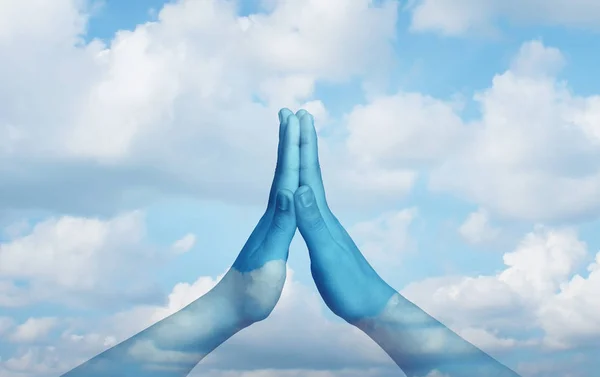 Conceito Meditação Como Mãos Juntas Uma Pose Oração Relaxamento Como — Fotografia de Stock