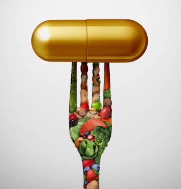 Food Vitamin supplement as a capsule with a fork shaped with fruit vegetables nuts and beansas a nutrient pill for natural medicine health treatment with 3D illustration elements. clipart