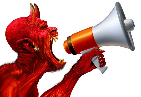 Demon Announcement Concept Red Devil Monster Holding Bullhorn Megaphone Announce — Stock Photo, Image
