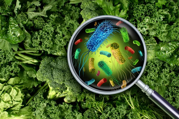 野菜や摂取の健康上のリスクでバクテリアや細菌汚染農産物の安全性の概念 レンダリング要素としてロメイン レタスを含む緑色の食品 — ストック写真