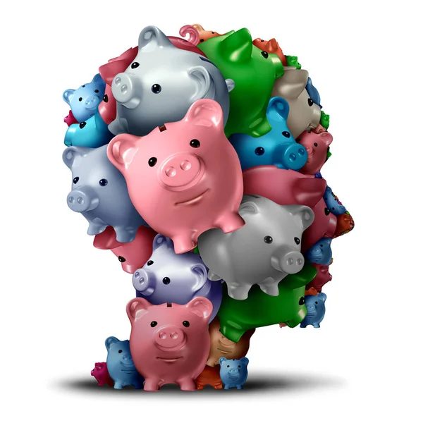 Bank strategy and retirement fund or estate planning financial symbol as a group of piggy banks shaped as a head as a banking or investor customer as a 3D illustration.
