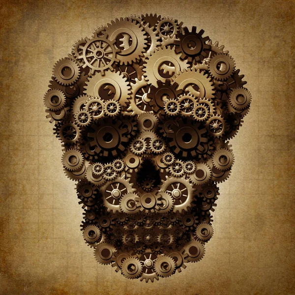 头骨齿轮垃圾作为一组齿轮作为一个蒸汽朋克或蒸汽庞克死亡骨架作为一个老式技术危险符号作为一个3D — 图库照片