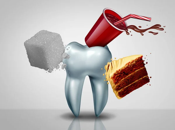 糖对牙齿作为口腔护理风险的影响作为牙科牙齿健康作为甜食品作为一种酸引起细菌和摩尔腔或蛀牙的3D 插图元素 — 图库照片