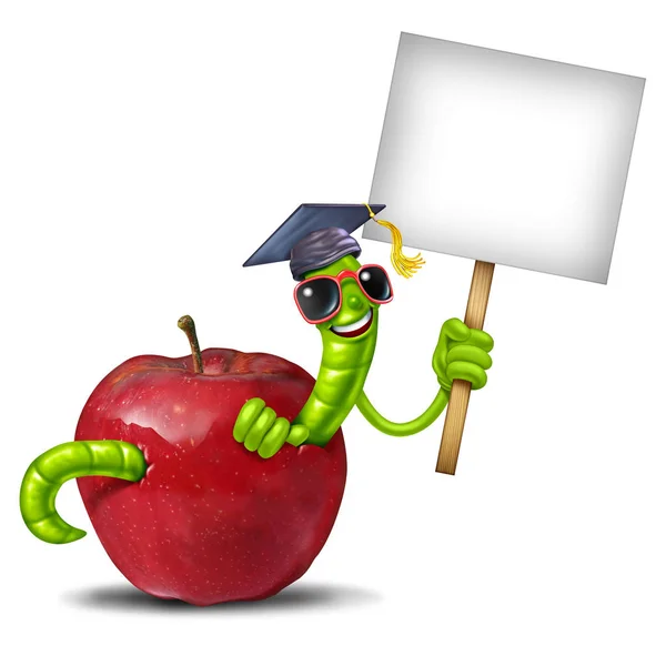 Schulwurm Blanko Schild Als Schulkonzept Als Roter Apfel Mit Glücklich — Stockfoto