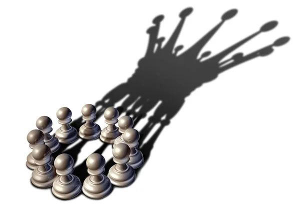 イラストとして作品をリードし 王を形成するチームとして集まりチェスのポーンの駒のグループとしてのビジネスのリーダーシップの概念 — ストック写真