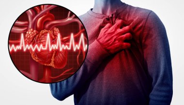 Human heart attack pain as an anatomy medical disease concept with a person suffering from a cardiac illness as a painful coronary event with 3D illustration style elements. clipart