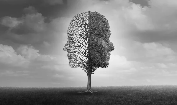 情感障碍和人的情感或情绪问题作为一棵树塑造作为二个人面孔以一个半空的分支和对面充满叶子作为医学比喻为心理与3D — 图库照片