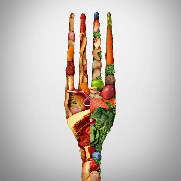 食物决定饮食选择概念和营养方向或困境健康好新鲜的水果和蔬菜或油腻的胆固醇富有快餐以一个形状作为叉子作为生活方式选择 — 图库照片