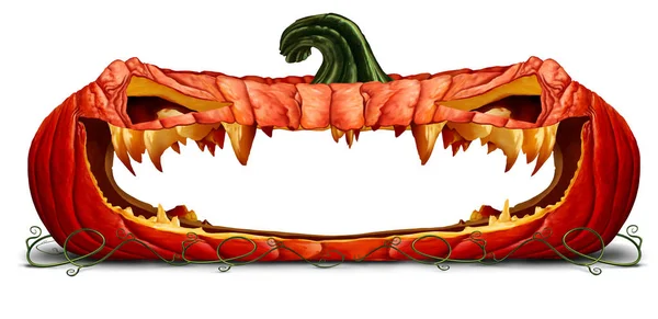万圣节南瓜万圣节设计元素作为一个作为一个怪异的橙色字符与杰克 灯笼牙齿作为一个充满恐怖的表达与3D 插图元素的广告信息的空白张开口 — 图库照片