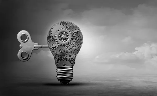 Machine concept light bulb as a gear solution with engineering and mechanical inspiration idea as a 3D illustration.