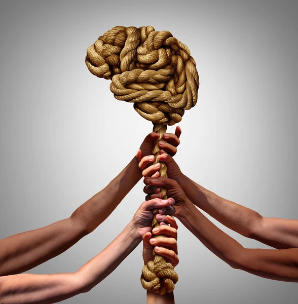 Psychology and society grpup mental health support concept as diverse people holdingsupporting a rope shaped as a thinking organ in a 3D illustration style.