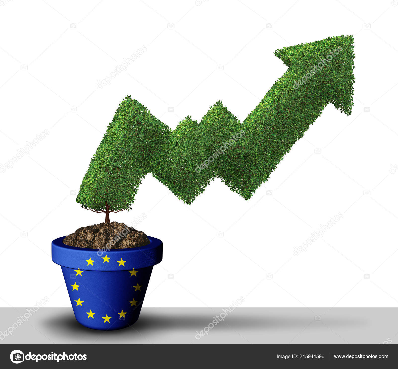 欧洲股市上涨欧洲经济繁荣作为全球反弹的象征作为增长的标志植物箭图上升到更高的利润和收益或积极情绪与3D 插图元素——