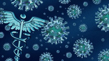 Flu outbreak and influenza pandemic medical health concept as a caduceus on a background of  disease cells as a 3D illustration. clipart