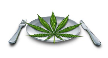 Cannabis edibles or marijuana edible snack on a dinner plate with a leaf representing hemp herbal food infused with psychoactive medicinal ingredient with 3D illustration elements. clipart