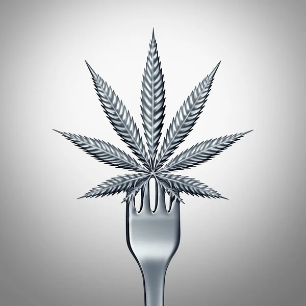 大麻食品和大麻食物或食用零食概念作为一个餐叉与叶代表大麻草药食品与精神药物成分的3D 插图元素 — 图库照片