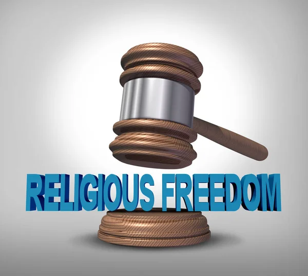 宗教自由法律保护宗教和法律忠告概念作为木槌或法官槌从完成一项判决或政府立法保护信念基于的机关或个人崇拜权利作为3D — 图库照片
