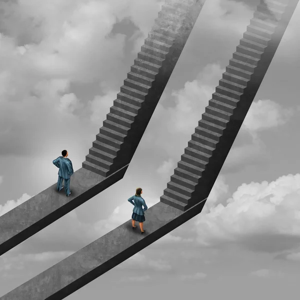Gender workplace diversity workers as a businessman and businesswoman facing stairs as a symbol of fair opportunity in the workplace or employee human resources equality with 3D illustration elements.