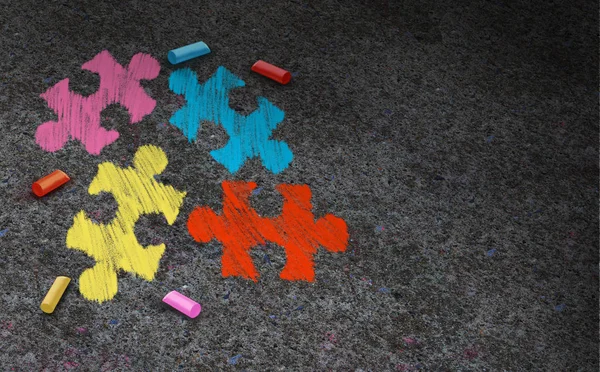自闭症意识符号概念与自闭症发展障碍作为沟通和社会行为心理学的象征作为一个谜题粉笔画在3D 插图风格的沥青 — 图库照片