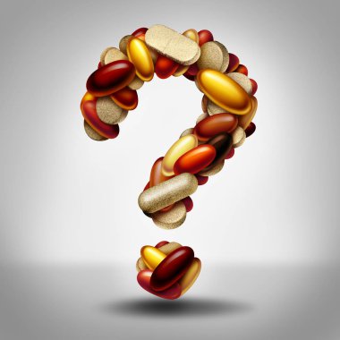 Health supplements as a group of vitamin and supplement pills and capsules shaped as a question mark as a natural nutrient medicine and health safety or uncertainty of  a nutritional aid as a 3D illustration. clipart
