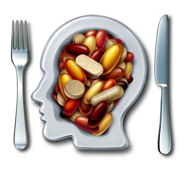 Health supplements and vitamin supplement as a plate shaped as a human with a group of capsule and pills as a natural nutrient medicine and dietary treatment as a 3D illustration. clipart