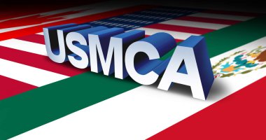 USMCA or the new NAFTA United States Mexico Canada agreement symbol with north america flags as a trade deal negotiation and economic deal fot the American Mexican and Canadian governments as a 3D illustration.  clipart