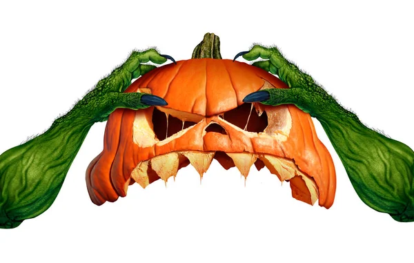 Creepy Monster Halloween Pumpkin Green Hand Holding Scary Pumpkin Head — Stock Photo, Image