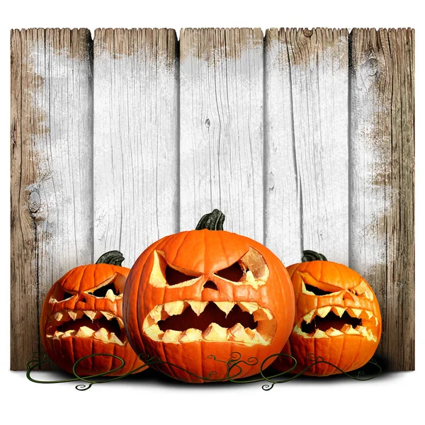 Pumpkin Monster Rustic Sign Three Scary Pumpkins Old Painted Wood — Stock Photo, Image