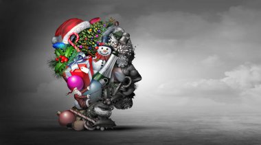 Winter holiday depression psychology or psychiatry mental health concept representing the idea of feeling depressed during Christmas and New ear season with 3D illustration elements. clipart