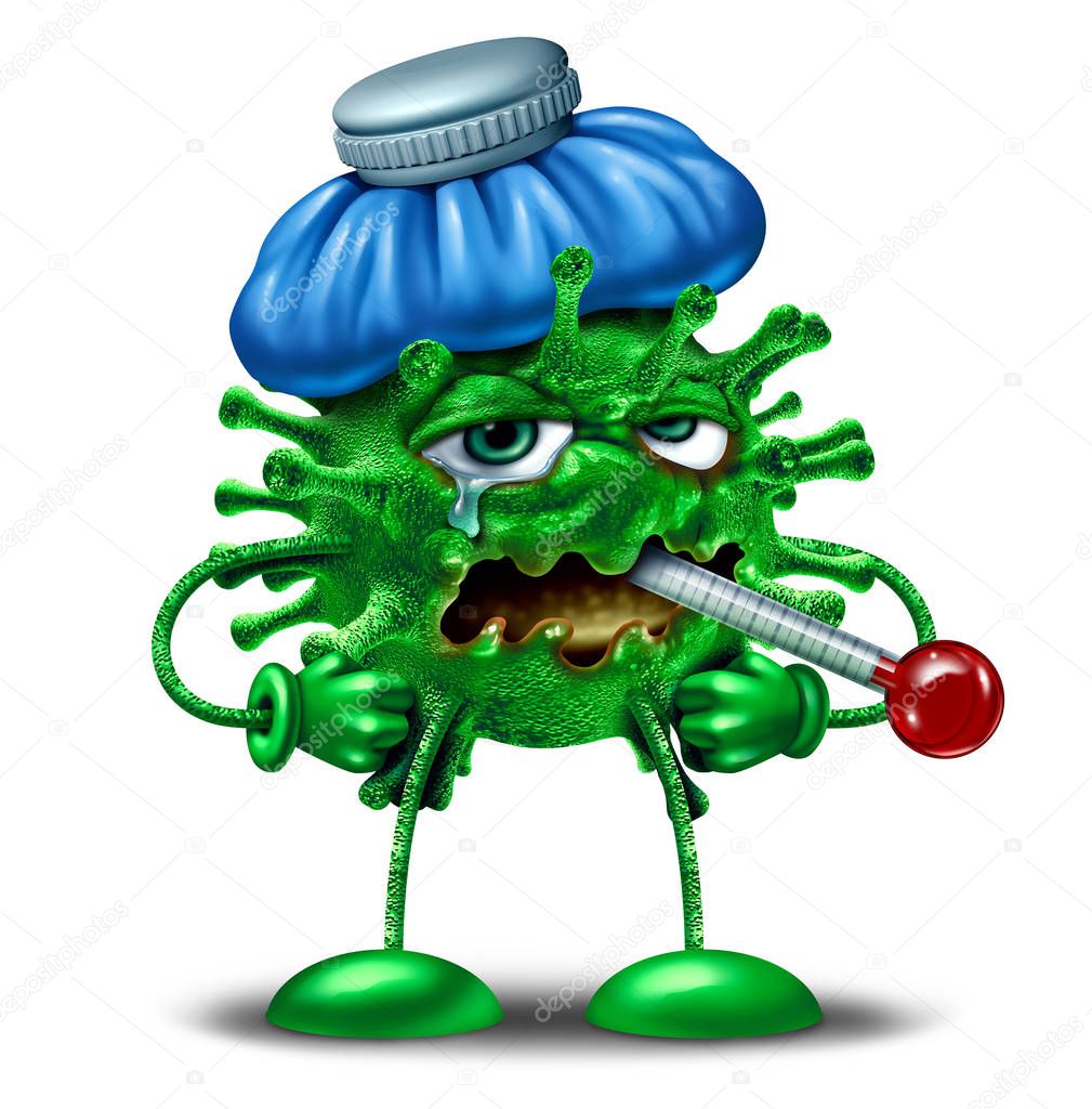 Personaje de la gripe invernal como símbolo de infección por influenza o virus como una célula patógena de dibujos animados febril enferma con una bolsa de hielo y termómetro como concepto de Personaje de la gripe invernal como símbolo de infección por influenza o virus como una célula patógena de dibujos animados febril enferma con una bolsa de hielo y termómetro como concepto de