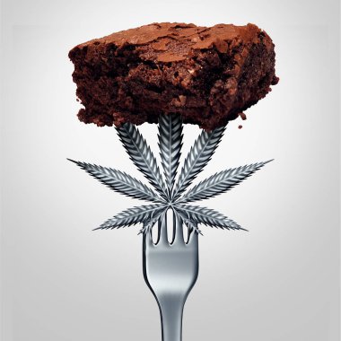 Cannabis brownie edible or marijuana edibles snack with a leaf representing pot baked good herbal food infused with psychoactive medicinal ingredient with 3D illustration elements. clipart