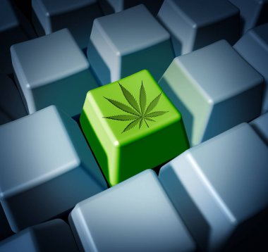 Cannabis online purchase of legal marijuana through e commerce and internet weed sales concept as a keyboard with medical or recreational pot buying on the web symbol as a 3D render. clipart