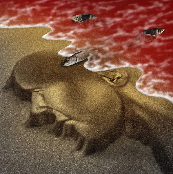 Concept of red tide beach human health hazard warning as hazardous natural toxin in the ocean or sea as a concept for deadly natural toxic algae in a 3D illustration style.